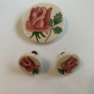 Vintage Hand Painted Rose Ceramic Brooch Earrings